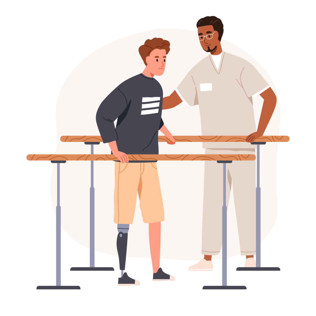 Physiotherapie an Parallelbarren – Reha nach Beinprothese.