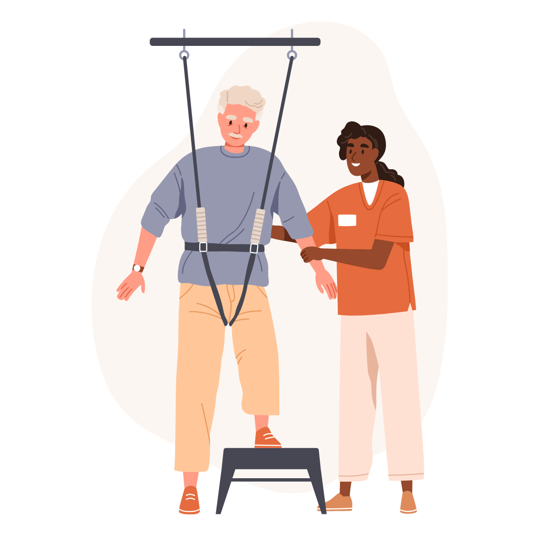 Therapeutin begleitet Patient beim Gleichgewichtstraining mit Gurtsystem